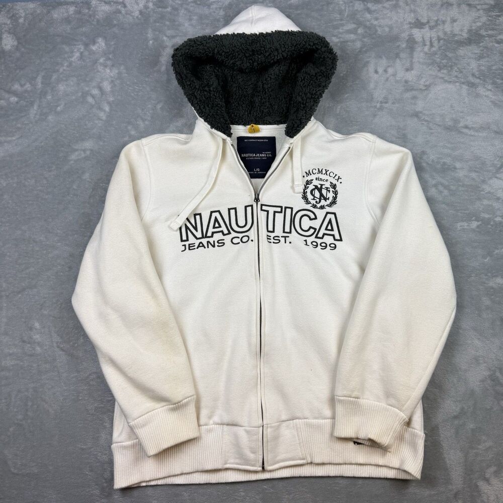 Y2K Nautica Jeans Co Sherpa Lined Full Zip Hoodie White Large
